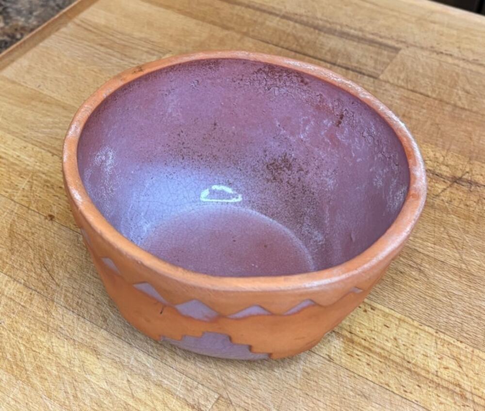 Vintage Southwest Terracotta Pottery Bowl Lavender Glaze Geometric USA 1990s